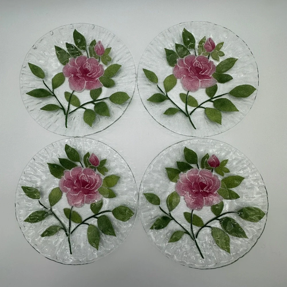 Sydenstricker Fused Glass Pink Rose Plates Set of 4 Signed Syd Cape Cod 8.25in